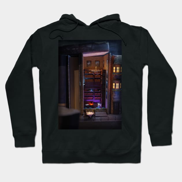 Miniature bookshelf alley - library and cafe Hoodie by vixfx